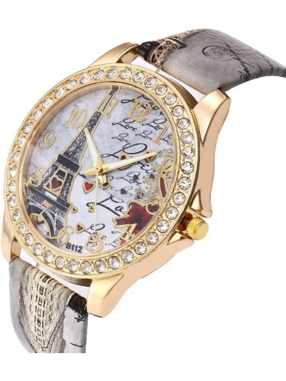 Women's Grey Analog Quartz Solid Pu Leather Strap Bling Rhinestone Wrist Watch